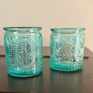 Kate Aspen Vintage Aqua Blue Glass Tea-light Holder (2) Fleur de Lis